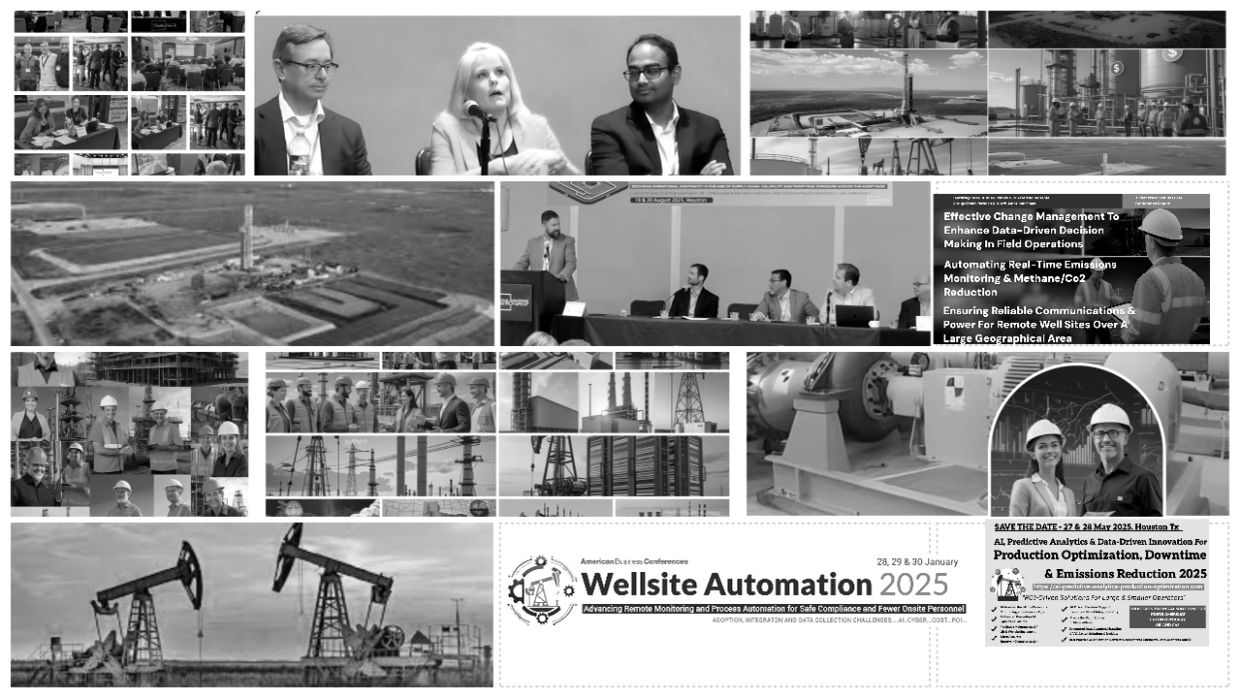 Collage of wellsite automation conference, panels, and oilfield equipment.