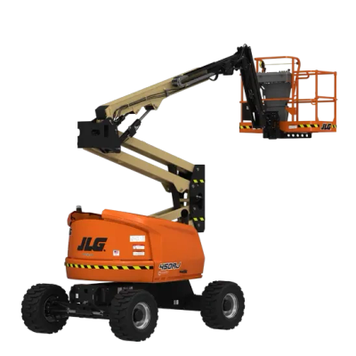 Orange boom lift with extended arm and platform.
