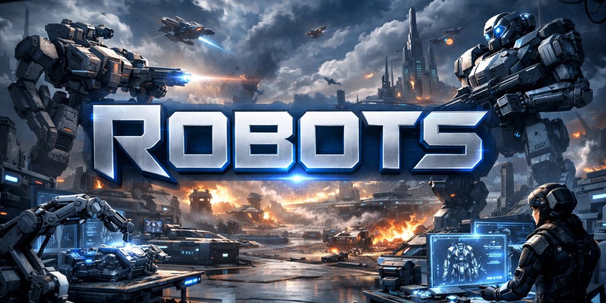 Futuristic battle scene with robots and the word 'ROBOTS' in bold letters.