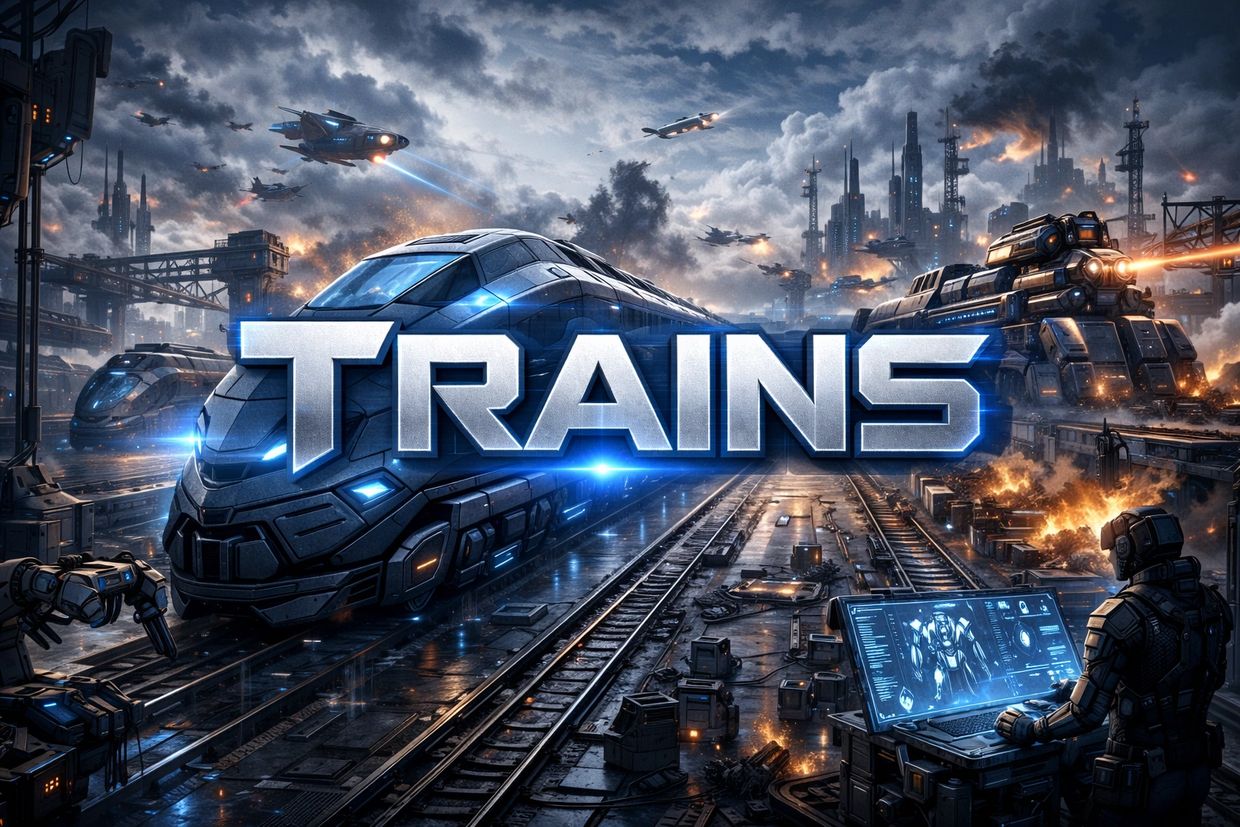 Futuristic train with battle scene and flying drones.