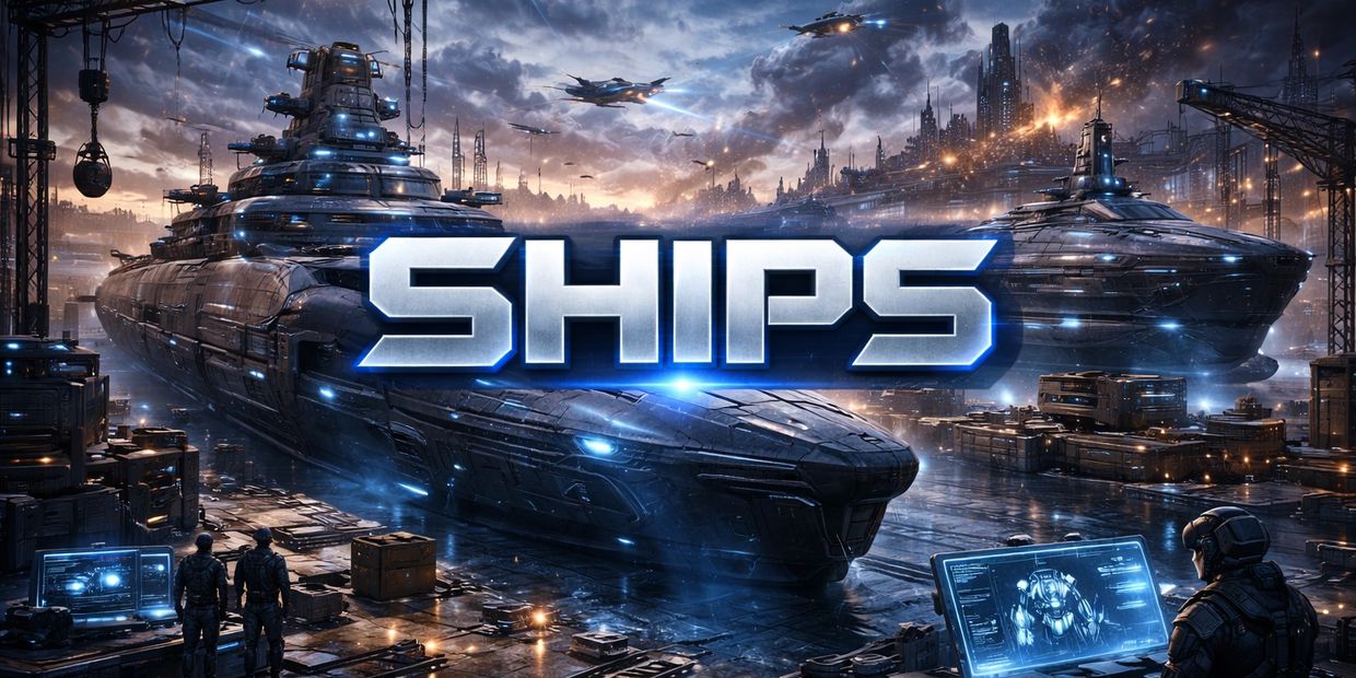 Futuristic spaceships docked in a high-tech spaceport with the word SHIPS.