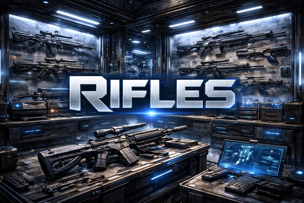 High-tech futuristic armory showcasing rifles under neon lights.