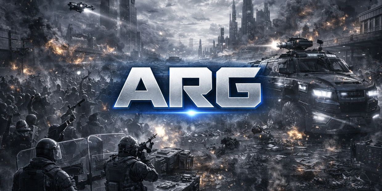 Futuristic battlefield with soldiers, armored vehicle, and drone under ARG logo.