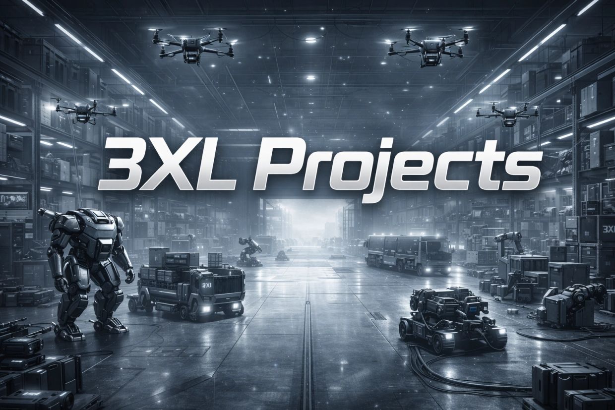 Futuristic warehouse with drones and robots, captioned '3XL Projects'