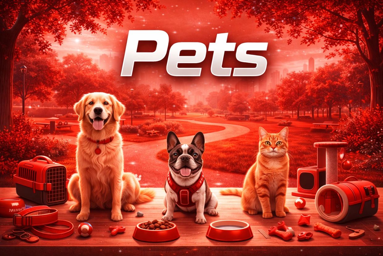 Dogs and cat with pet supplies in a red park.