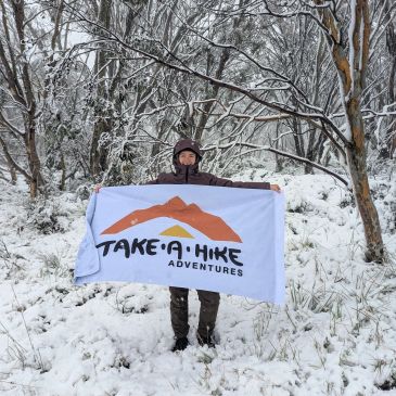 Person holding 'Take a Hike Adventures' flag in snowy landscape.