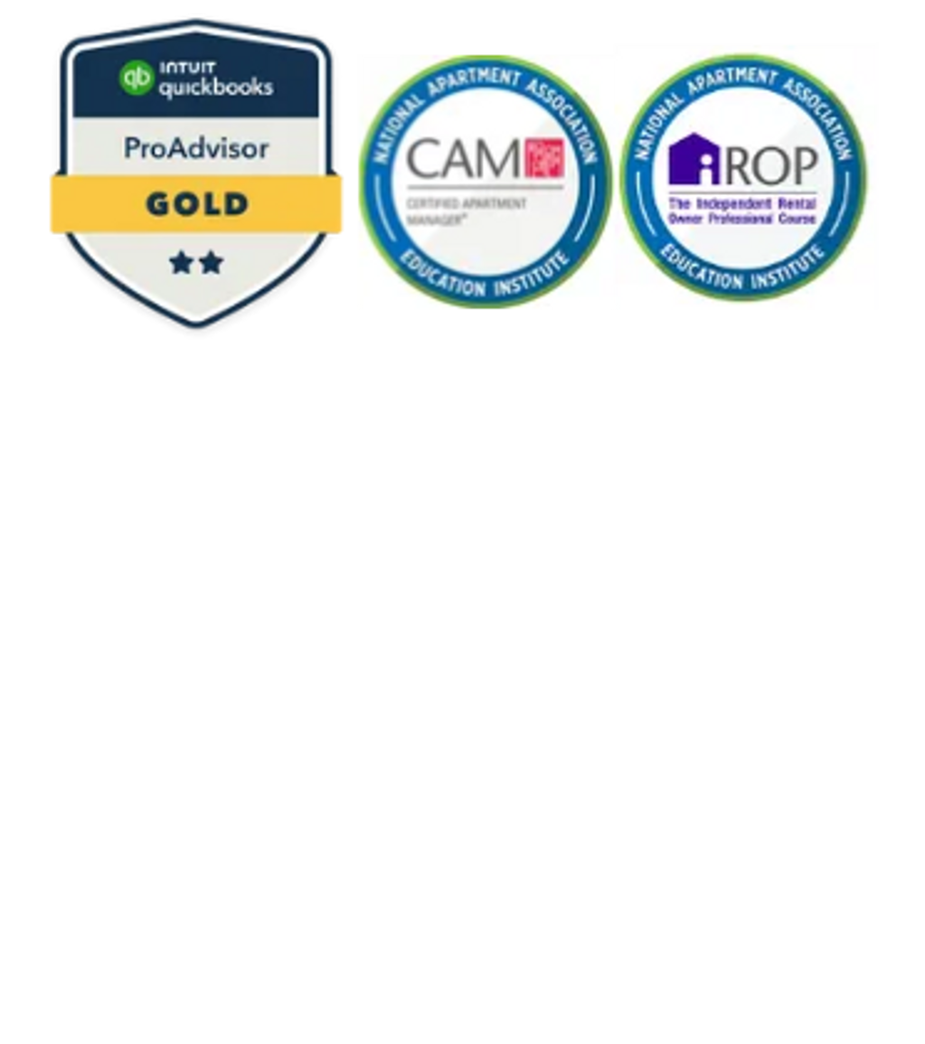 QuickBooks Certified ProAdvisor Gold Badge, Certified Apartment Manager Badge, Certified Independent