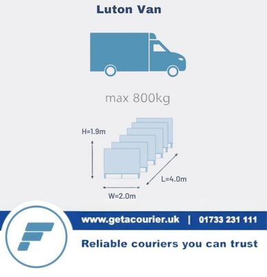Luton van with max 800kg load capacity and dimensions.