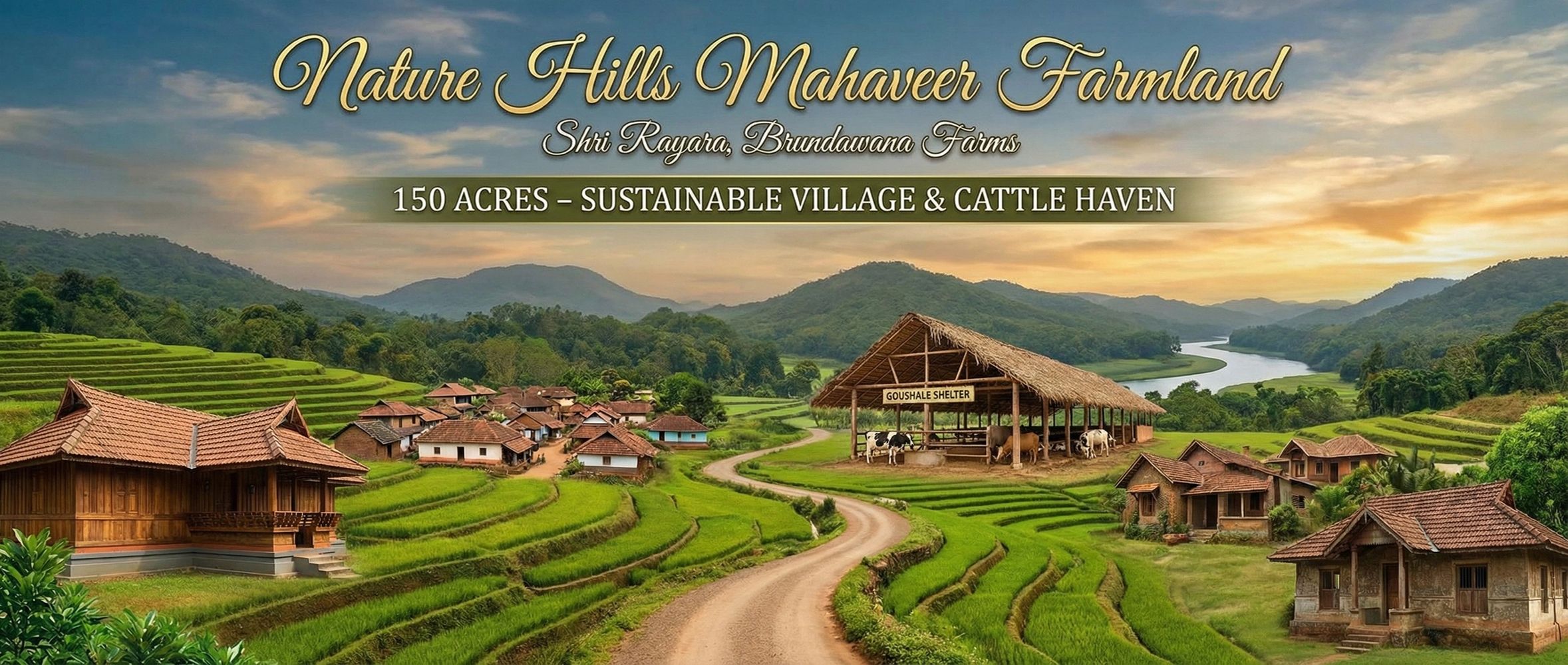 Scenic view of Nature Hills Mahaveer Farmland with village, cattle shelter, and green hills.