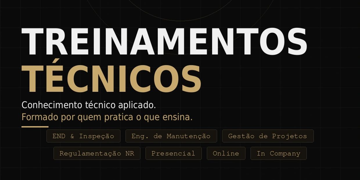 Anúncio de treinamentos técnicos com modalidades presenciais, online e in company.