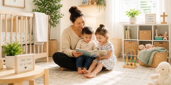 Mother reading to her two kids in a cozy nursery.
