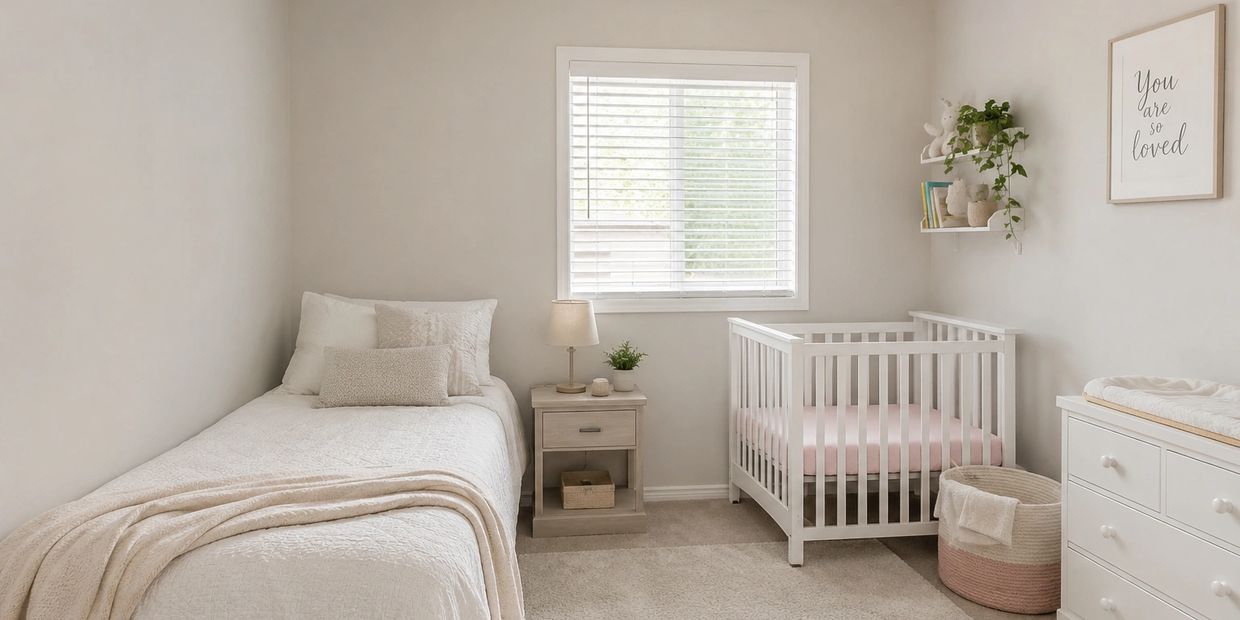 Calm nursery and guest room with soft neutral tones.