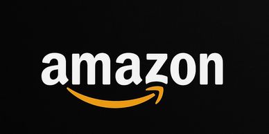 Amazon logo with white text and an orange arrow on a black background.