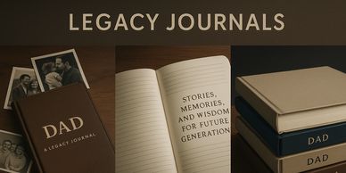 Legacy journals titled Dad and Grandpa with family photos and memories.