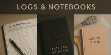 Three types of notebooks: blood pressure log, tactical notebook, and recipe book.