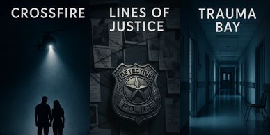 Dark, mysterious scenes depicting crossfire, police justice, and trauma bay.