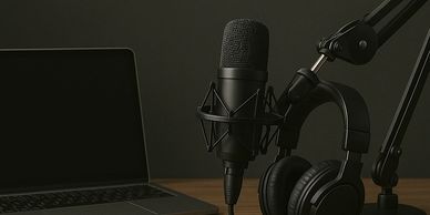 Podcast development setup with microphone, headphones, laptop, and notebooks on a wooden desk.