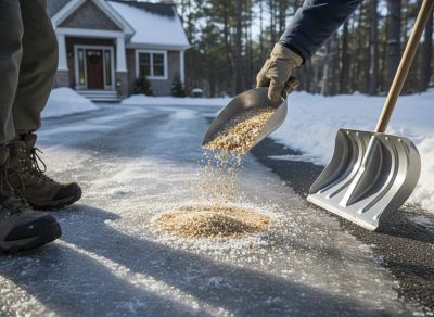 Close-up of salt and sand being spread on an icy driveway in Maine