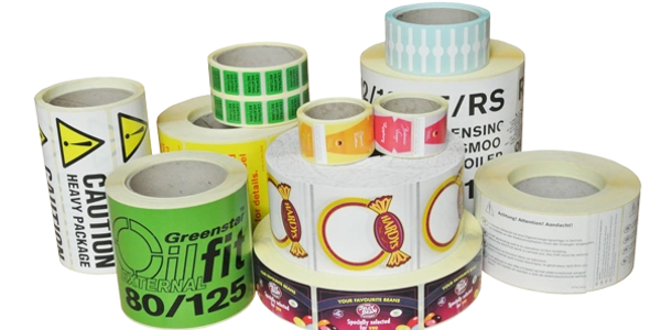 rolls of pressure sensitive labels.  different sizes, shapes, colors and stocks.