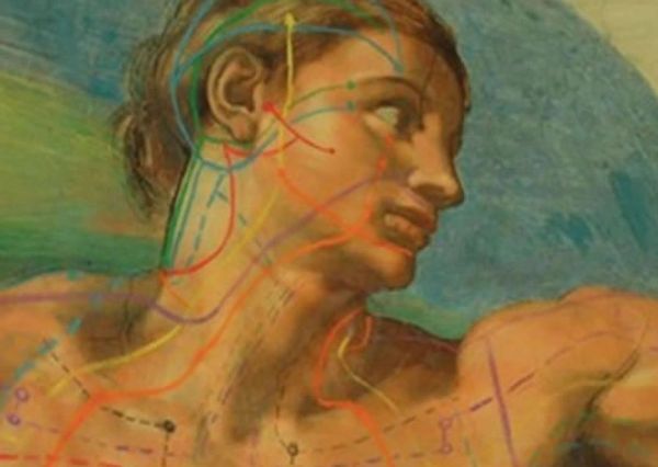 A painting of a man with colors, on his face