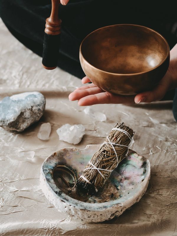 meditation, crystals, sage, sacred space