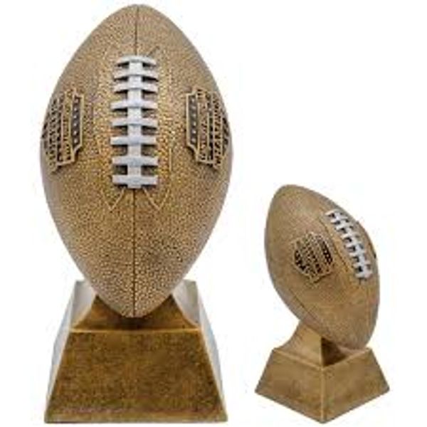 Two football trophies with a golden finish on square bases.
