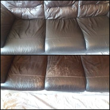 Worn seat panels on sofa, repaired bonded and recoloured