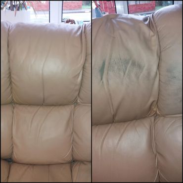 Head grease on  cream leather sofa, de-greased and recoloured area