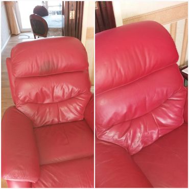 Head grease on red leather recliner arm chair, de-greased and coloured