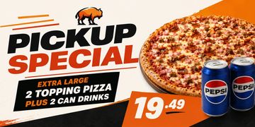 Extra large 2-topping pizza with 2 Pepsi cans for $19.49 pickup special.