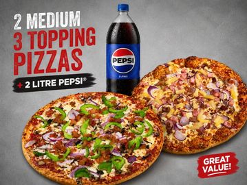 Two medium 3-topping pizzas with a 2-liter Pepsi bottle included.