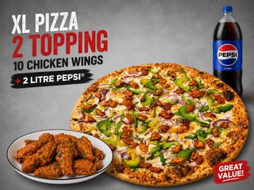 XL pizza with two toppings, 10 chicken wings, and 2-liter Pepsi combo.