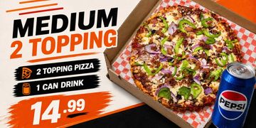 Medium 2-topping pizza with a can of Pepsi for $14.99.