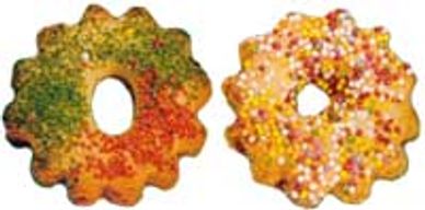 Two colorful ring-shaped cookies.