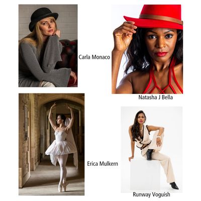 Four women showcasing diverse fashion and dance styles in portrait and action shots.