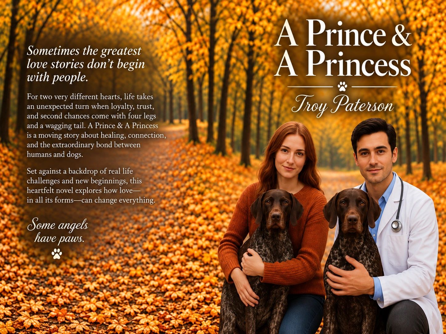 Autumn book cover featuring couple and two dogs.