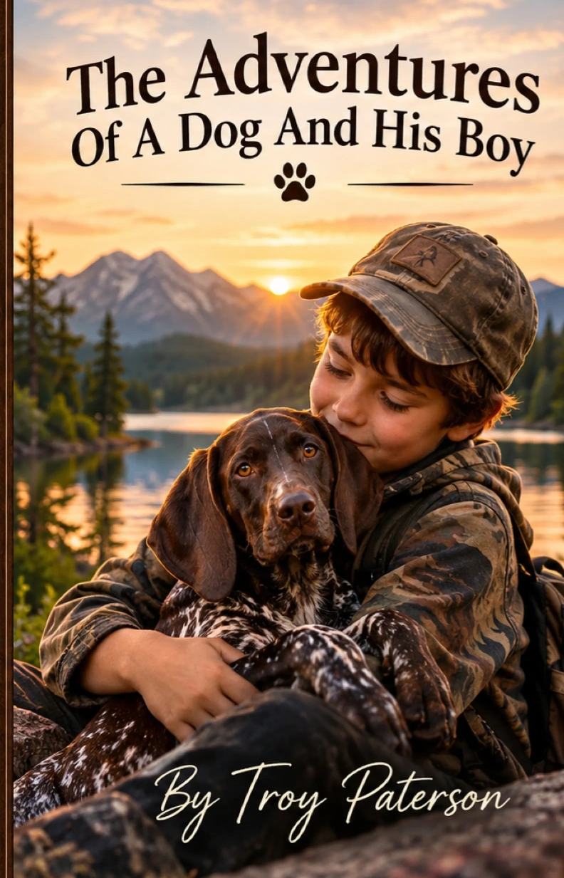 Boy hugging his dog at sunset in a mountain landscape.