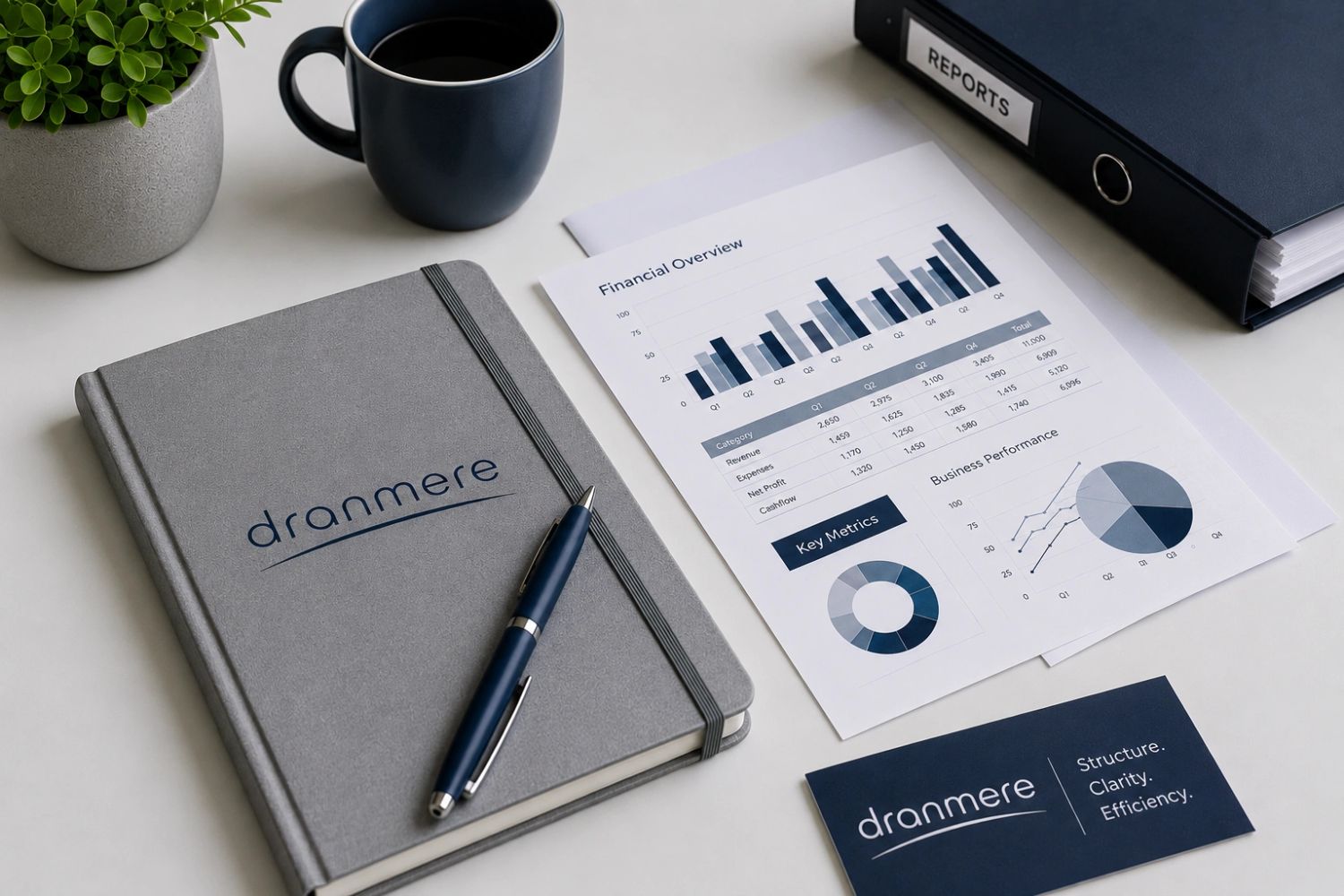 Workspace with financial reports and branded stationery.