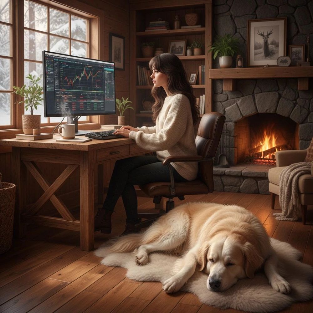 woman sitting at computer with dog lying on floor in front of fire.