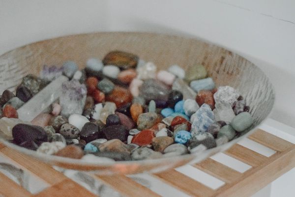 bowl of crystals in newport therapy room in Shropshire.