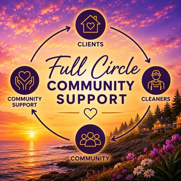 A sunset-themed graphic illustrating the cycle of community support involving clients, cleaners, and community.