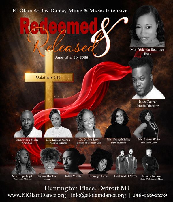 Flyer for "Redeemed & Released" dance, mime, and music event in Detroit, June 2026.