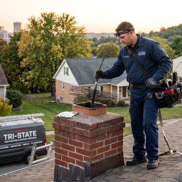 Worker repairing a chimney on a rooftop at sunset.
