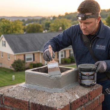 Worker applying sealant to chimney with brush.