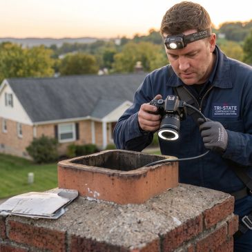 Technician inspecting a chimney with a camera and flashlight.