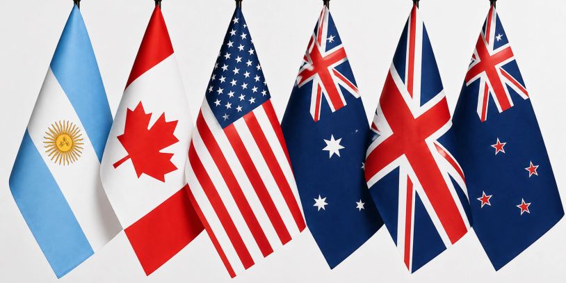 Banderas de Argentina, Canadá, Estados Unidos, Australia, Reino Unido y Nueva Zelanda.