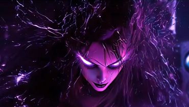 Futuristic DJ with glowing eyes and electrified hair spins at a vibrant, neon-lit turntable.