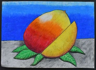 Vibrant drawing of a whole and sliced mango on green leaves against a bright blue background