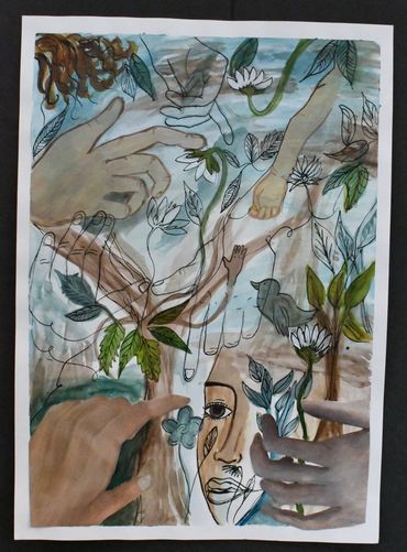 Mixed media illustration featuring hands, flowers, and a face entwined with nature and line art