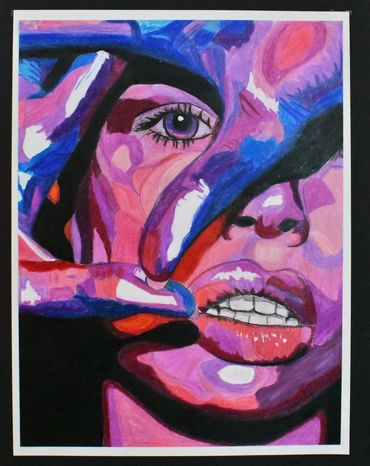 Vibrant student artwork of a face rendered in bold shades of purple, pink, and blue acrylic paint